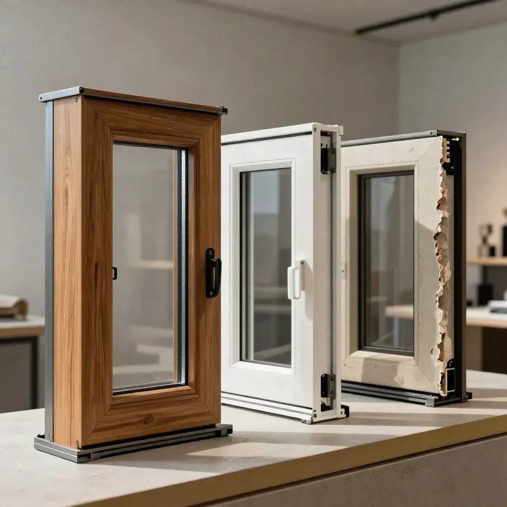 Tre sistemi di finestre in showroom: legno-alluminio, PVC e apertura grezza in muratura.