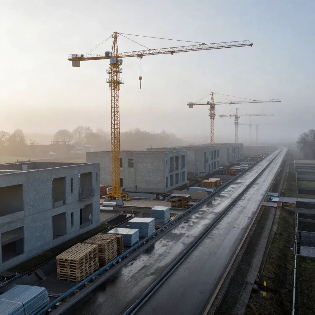 Cantiere industriale lombardo avvolto dalla nebbia, visto dall’alto con gru e materiali accatastati.
