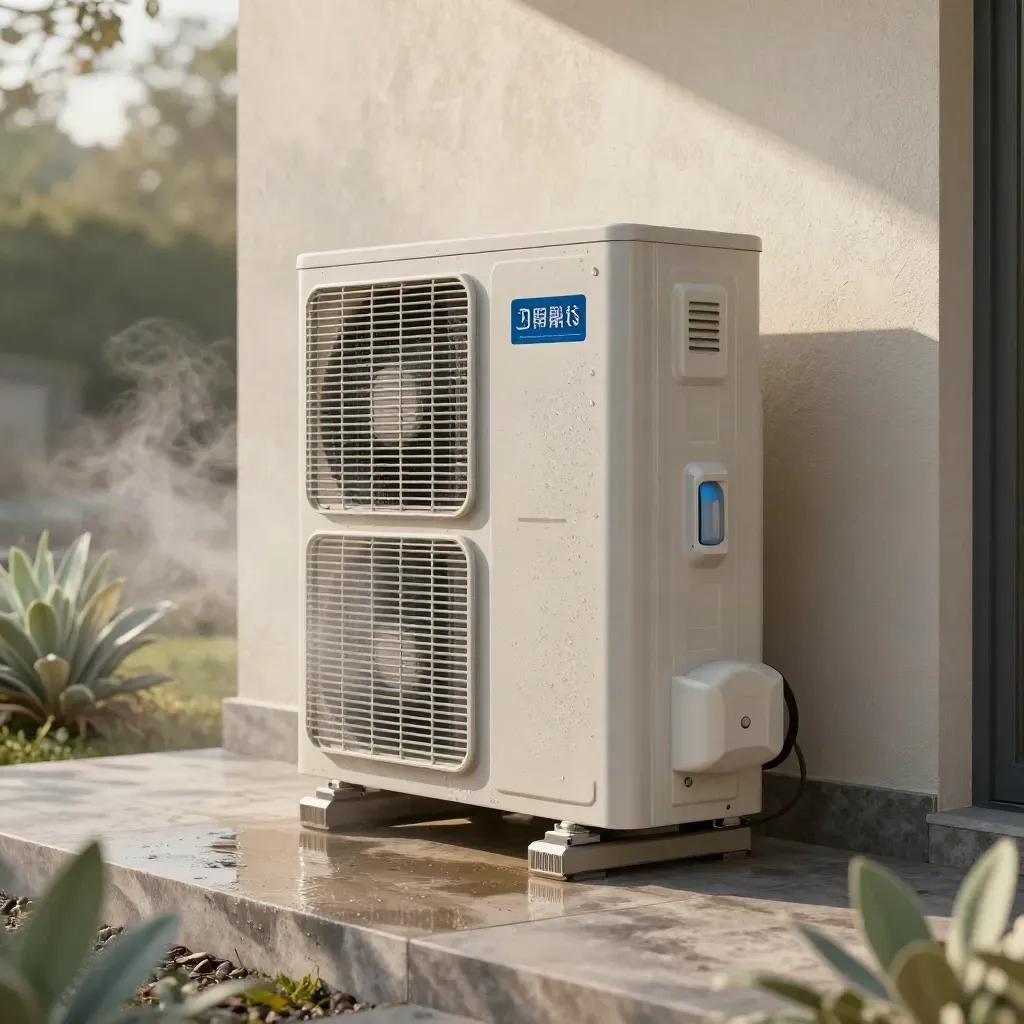 Pompa di calore esterna accanto a muro intonacato, con condensa e vapore mattutino.