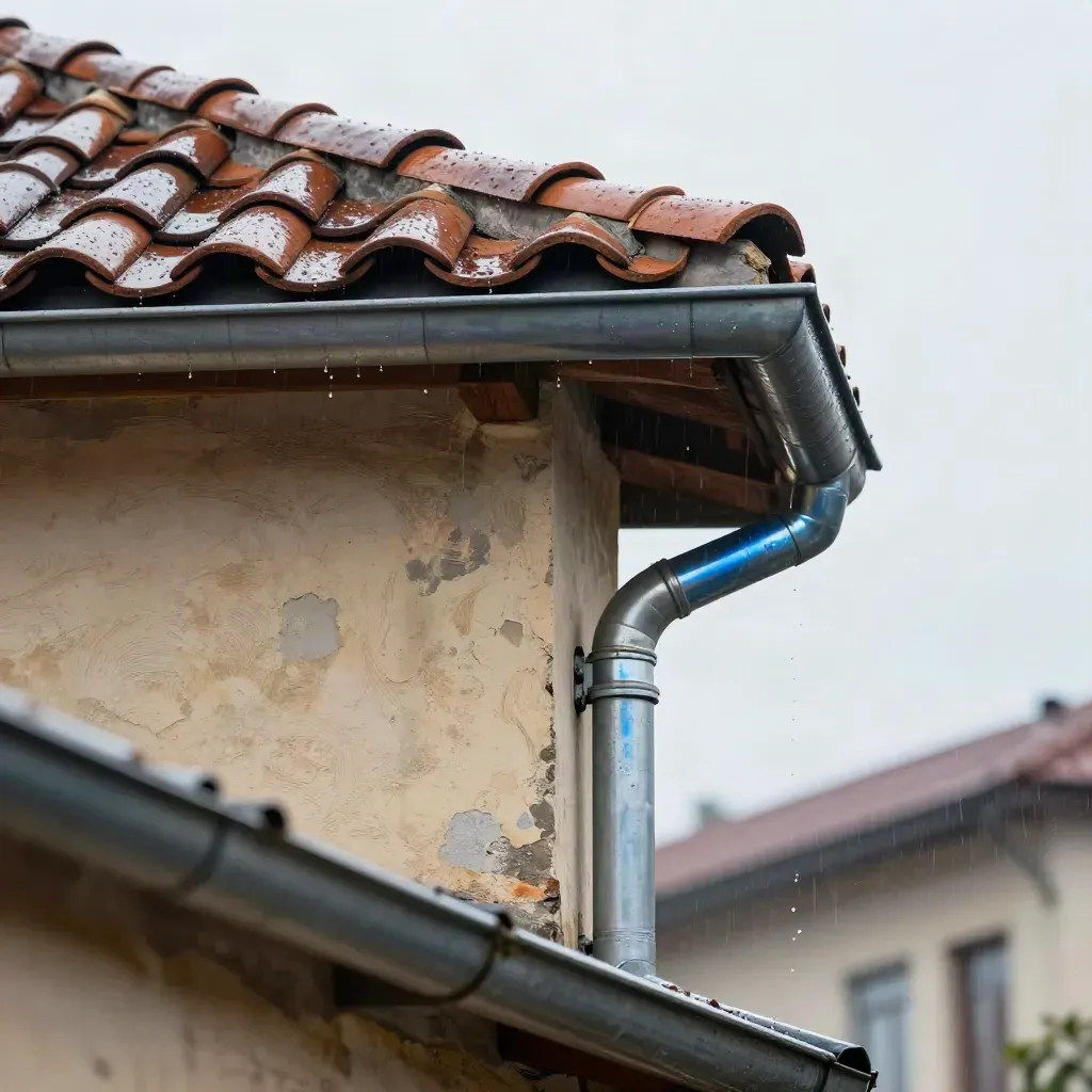 Facciata urbana con tetto in coppi e grondaia bagnata dopo la pioggia