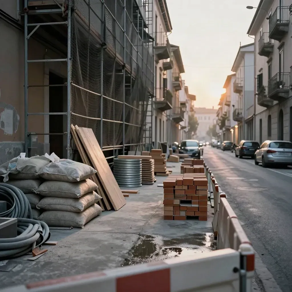 Cantiere urbano stretto al crepuscolo con impalcature, materiali e auto sfocate.
