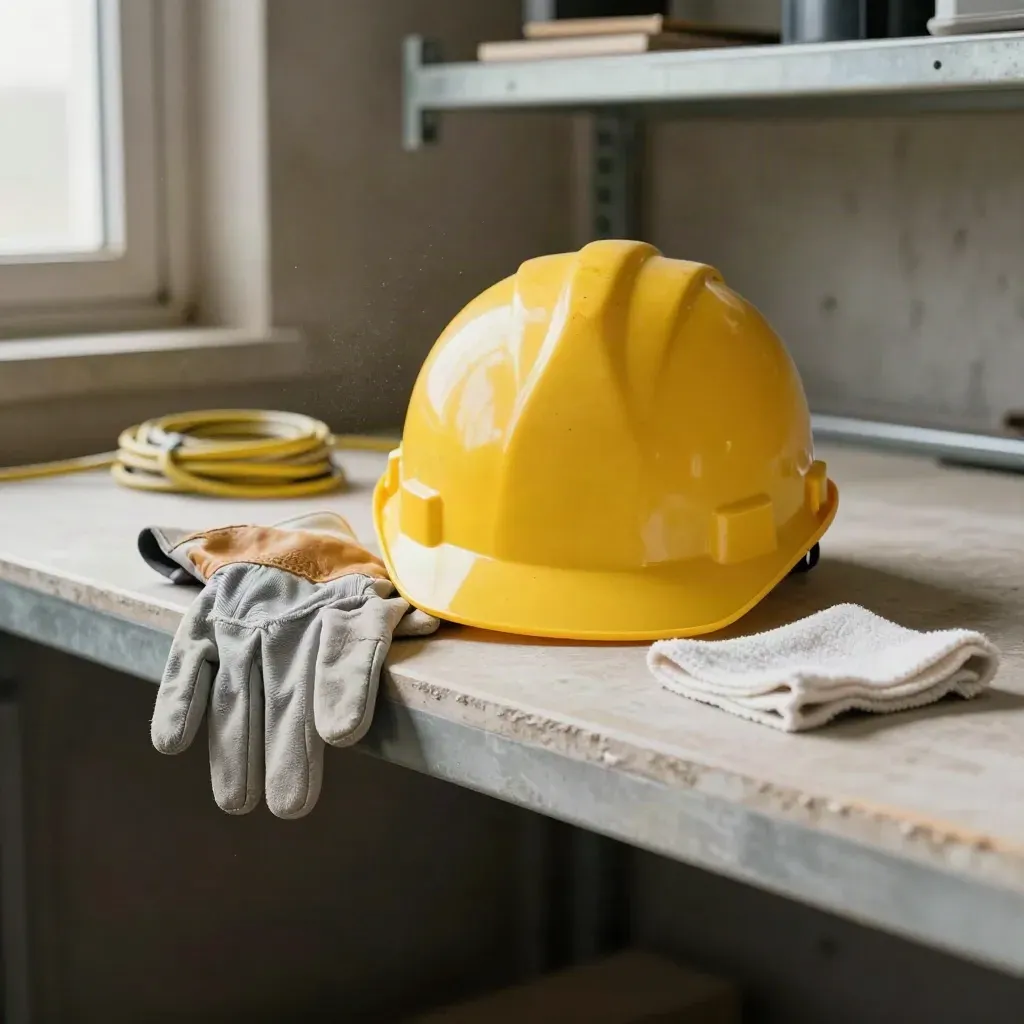 Casco giallo, guanti, cavo arrotolato e panno su una panca chiara in officina